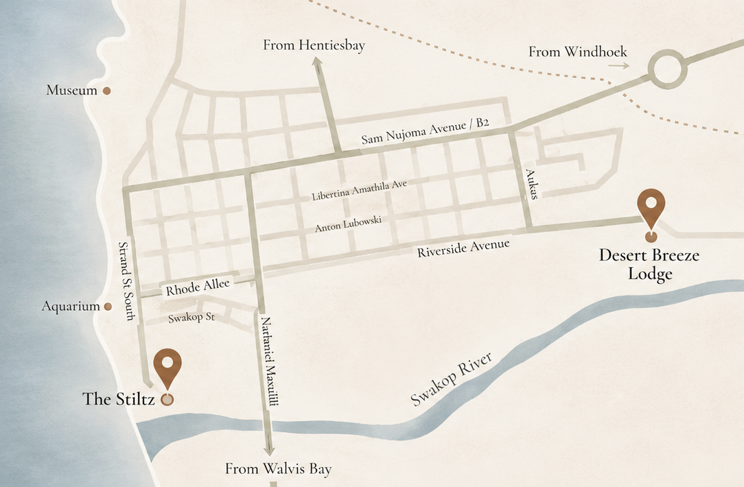 Illustrated map showing The Stiltz location near Swakopmund and the lagoon