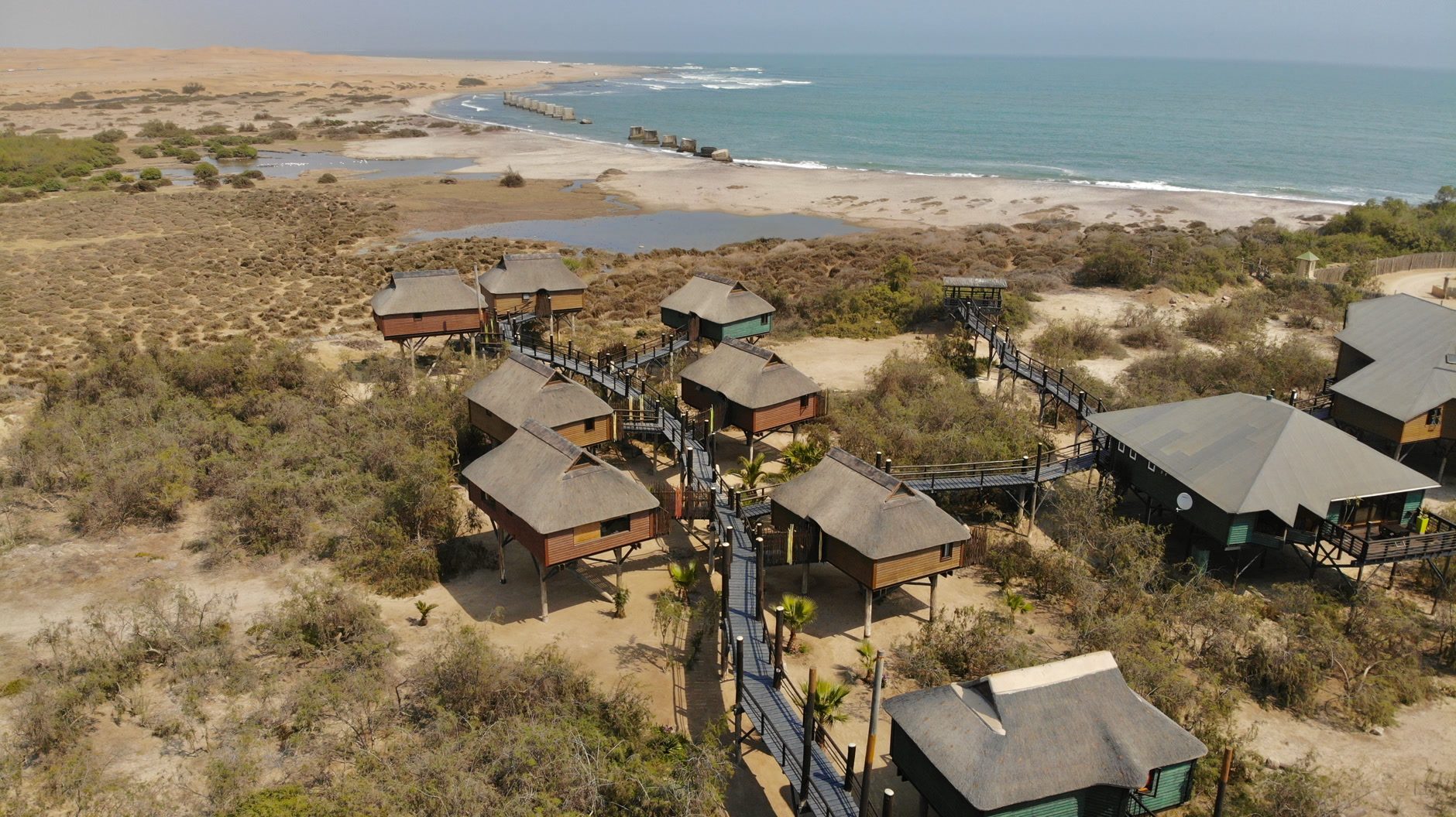 Aerial view of The Stiltz above the Swakopmund Lagoon and Atlantic coast